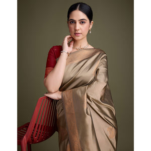 Chikoo Floral Woven Banarasi Silk Saree