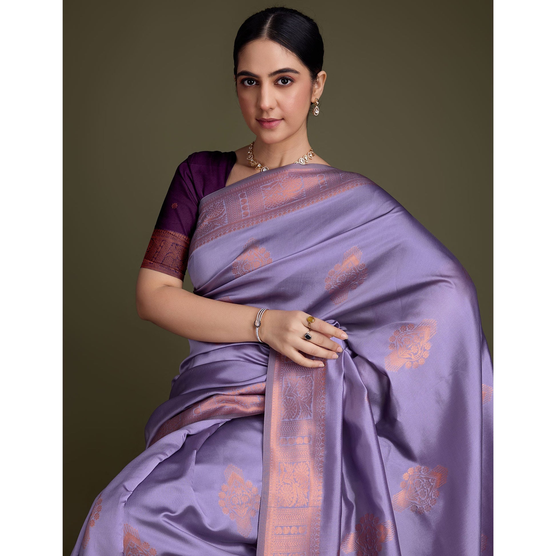 Lavender Floral Woven Banarasi Silk Saree
