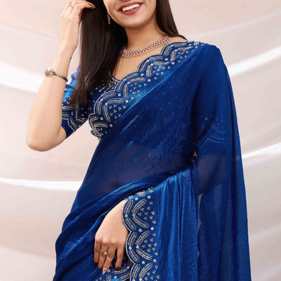 Blue Stone Work Embroidered Velvet Chiffon Saree