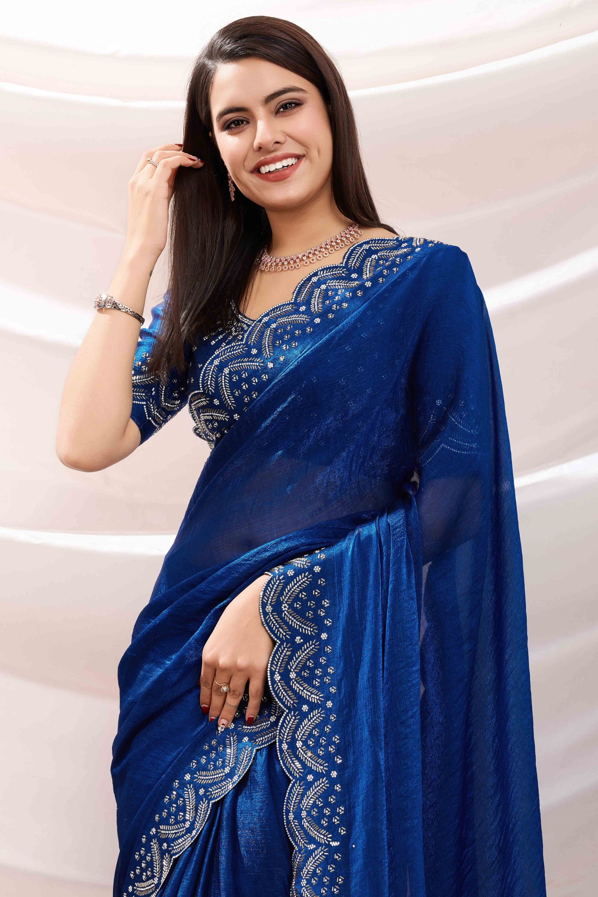 Blue Stone Work Embroidered Velvet Chiffon Saree