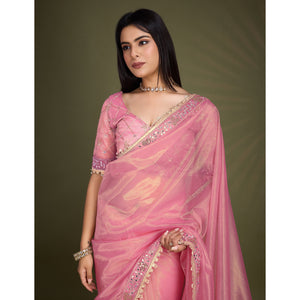 Light Pink Sequins Embroidery With Mirror Handwork Twill Net Saree
