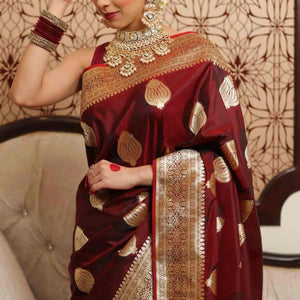 Maroon Floral Woven Lichi Banarasi Silk Saree