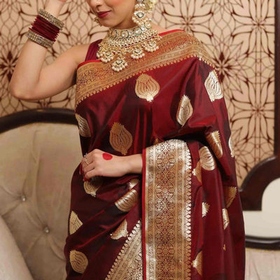 Maroon Floral Woven Lichi Banarasi Silk Saree