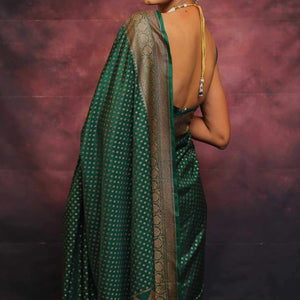 Bottle Green Floral Woven Lichi Banarasi Silk Saree