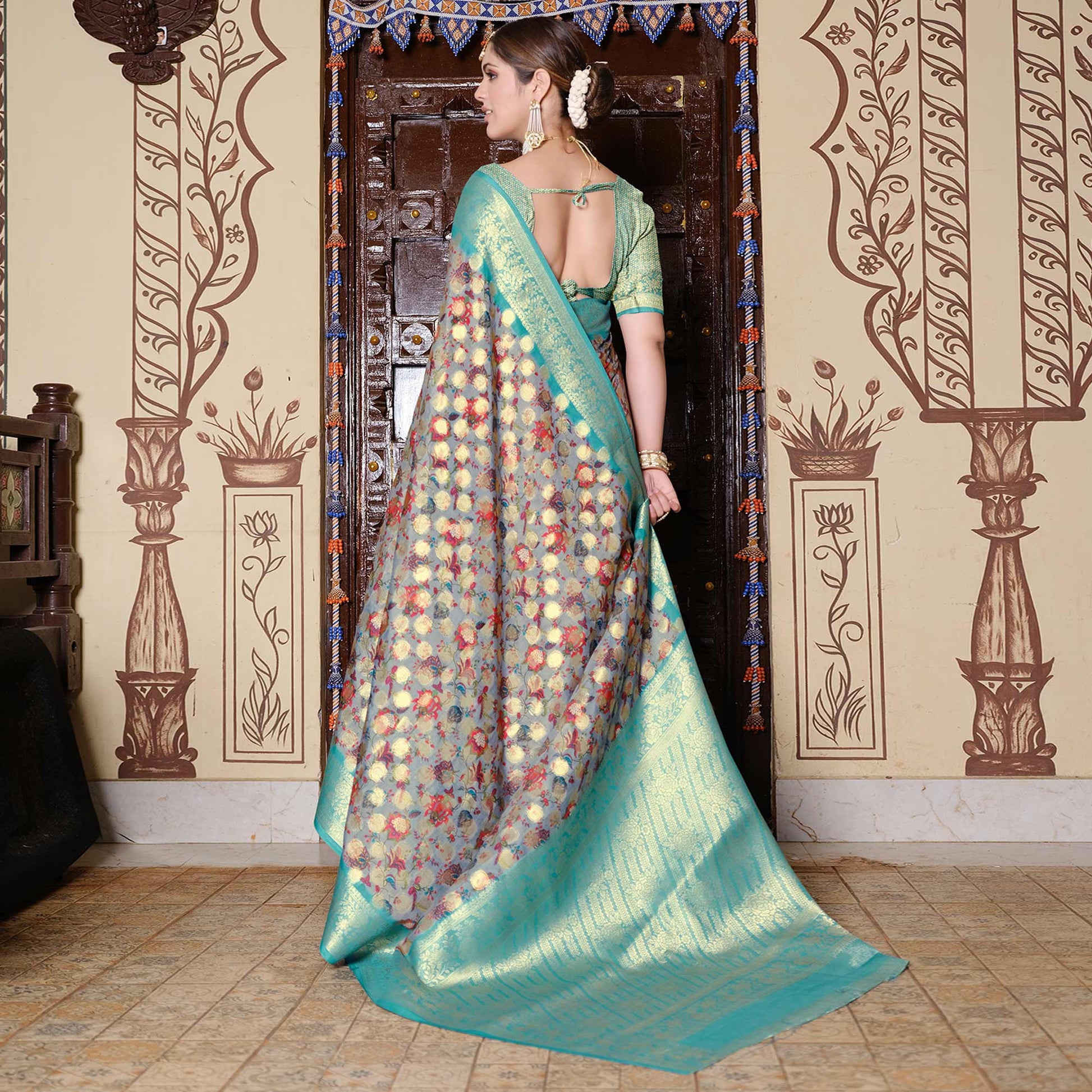 grey-turquoise-floral-printed-pure-cotton-saree