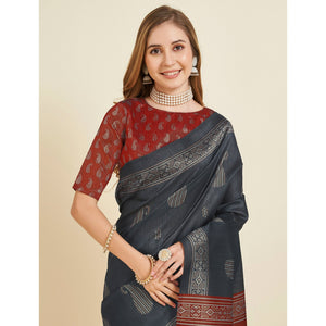 grey-digital-printed-bhagalpuri-silk-saree-with-tassels