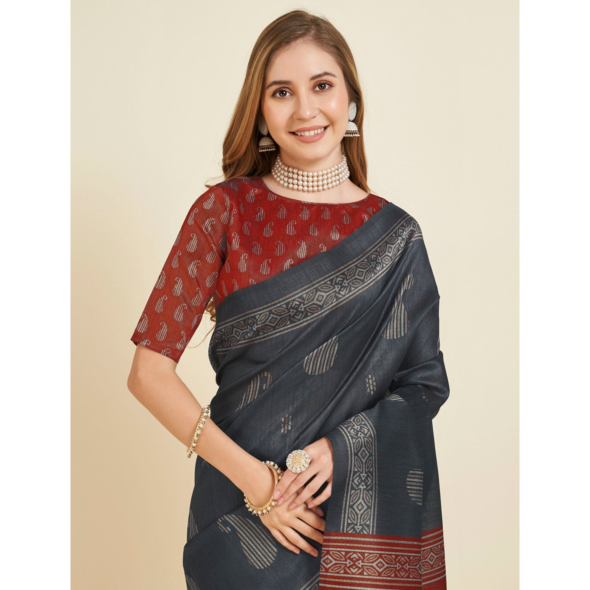 grey-digital-printed-bhagalpuri-silk-saree-with-tassels