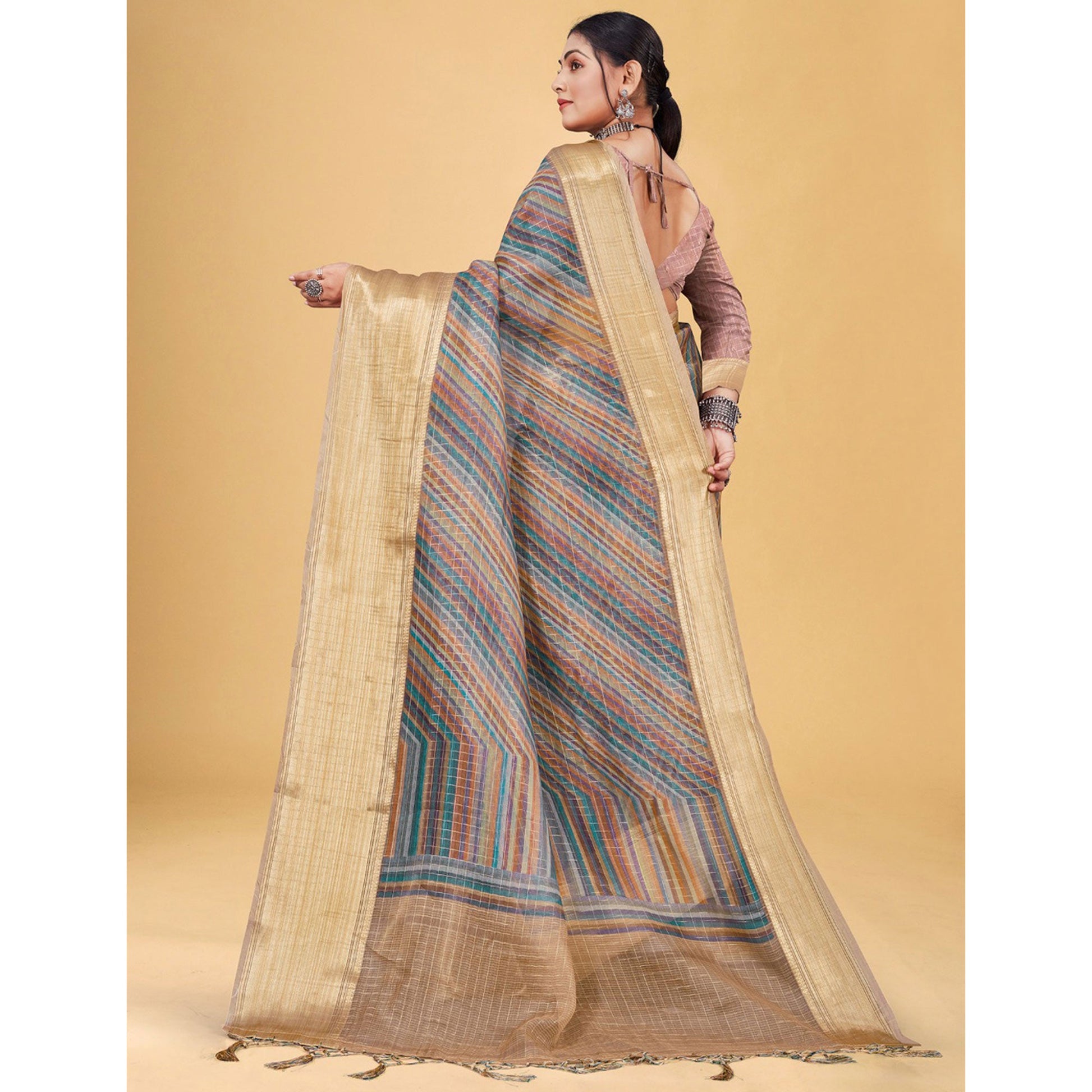 Multicolor Checks Woven Bhagalpuri Silk Saree With Tassels