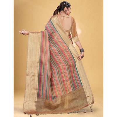 Multicolor Checks Woven Bhagalpuri Silk Saree With Tassels