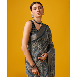 Bluish Grey Digital Printed Cotton Silk Saree
