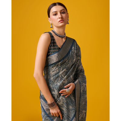Bluish Grey Digital Printed Cotton Silk Saree