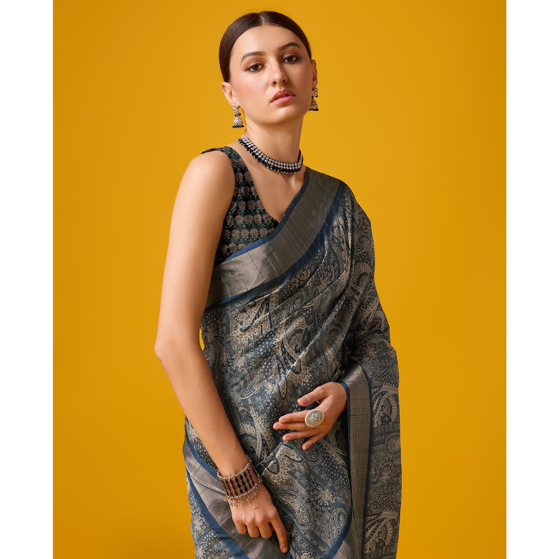 Bluish Grey Digital Printed Cotton Silk Saree
