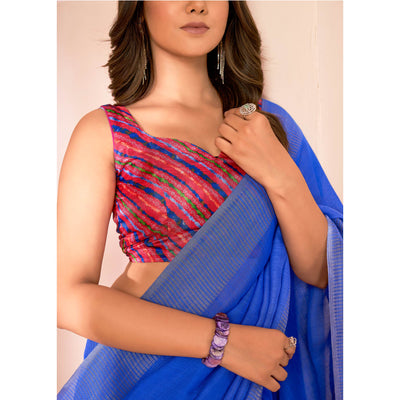 Blue Woven Linen Saree With Tassels