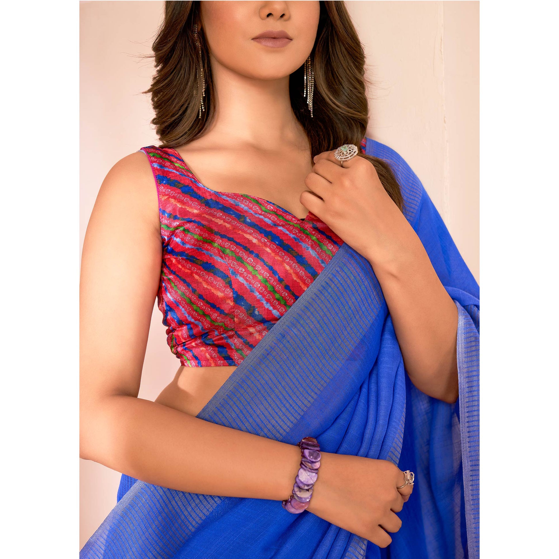 Blue Woven Linen Saree With Tassels