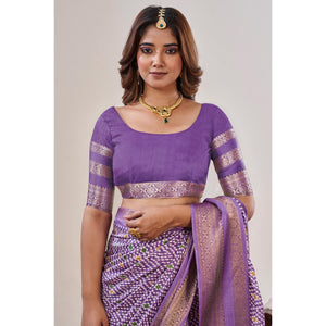 Lavender Ikkat Printed With Jacquard Border Cotton Silk Saree