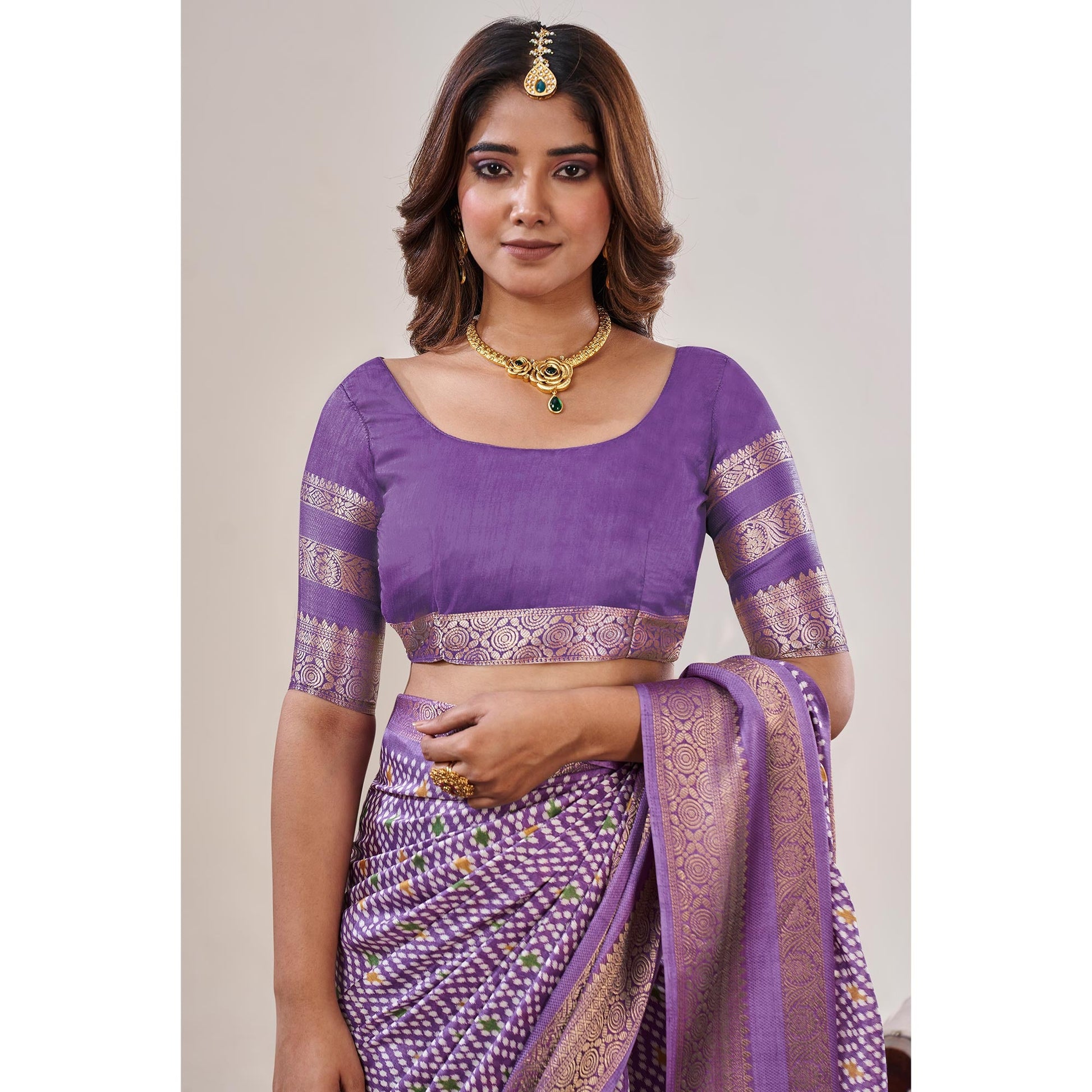 Lavender Ikkat Printed With Jacquard Border Cotton Silk Saree