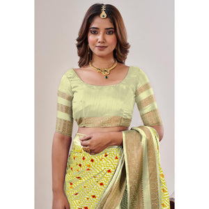 Lemon Yellow Ikkat Printed With Jacquard Border Cotton Silk Saree