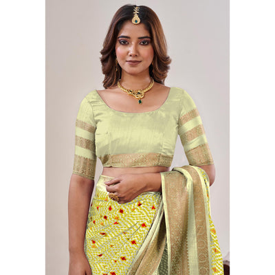 Lemon Yellow Ikkat Printed With Jacquard Border Cotton Silk Saree