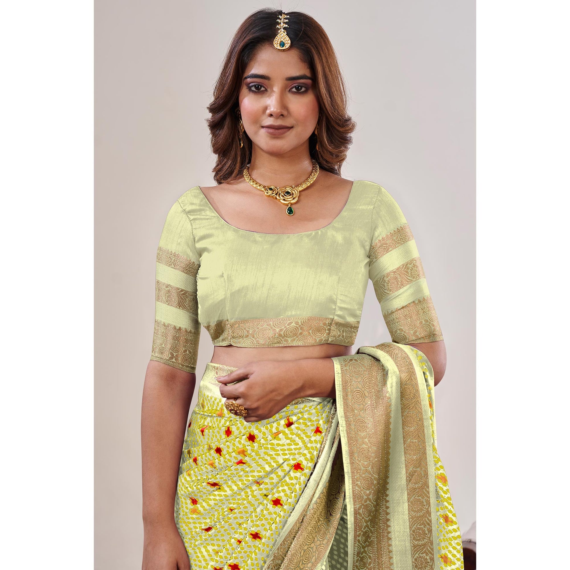 Lemon Yellow Ikkat Printed With Jacquard Border Cotton Silk Saree