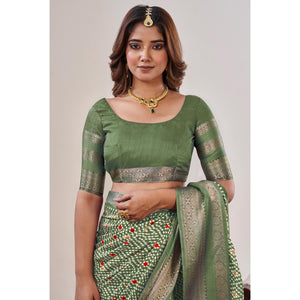 Dusty Green Ikkat Printed With Jacquard Border Cotton Silk Saree