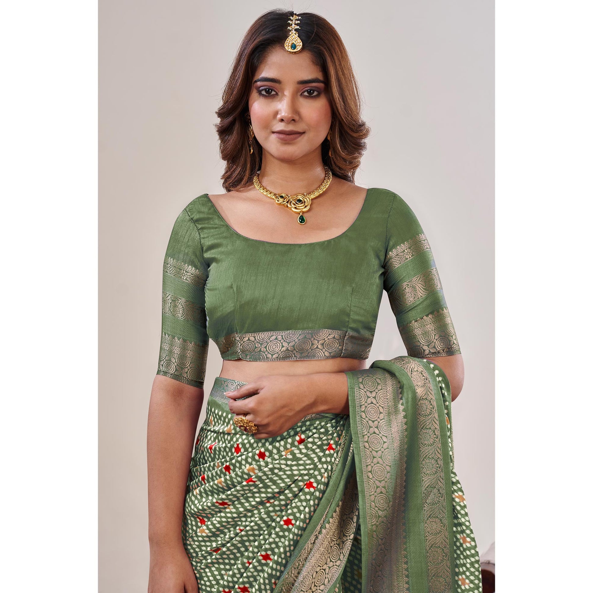 Dusty Green Ikkat Printed With Jacquard Border Cotton Silk Saree
