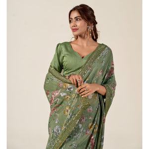 Dusty Green Floral Printed Chiffon Saree With Designer Border