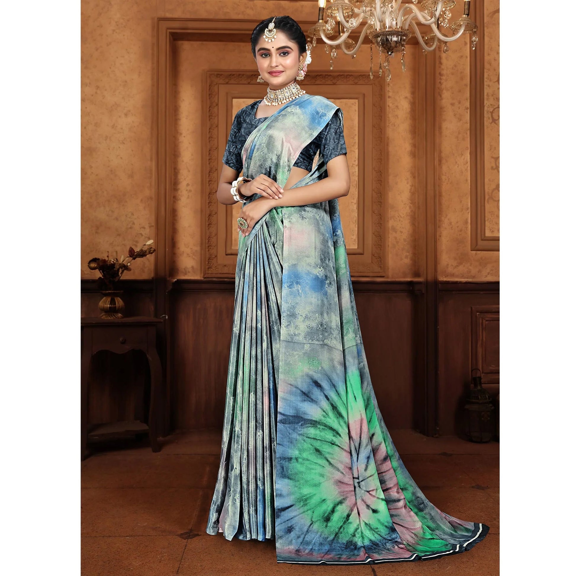 Bluish Grey Printed Crepe Silk Saree
