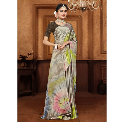 Grey Printed Crepe Silk Saree