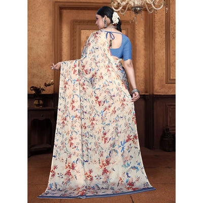 Cream Floral Digital Printed Georgette Saree