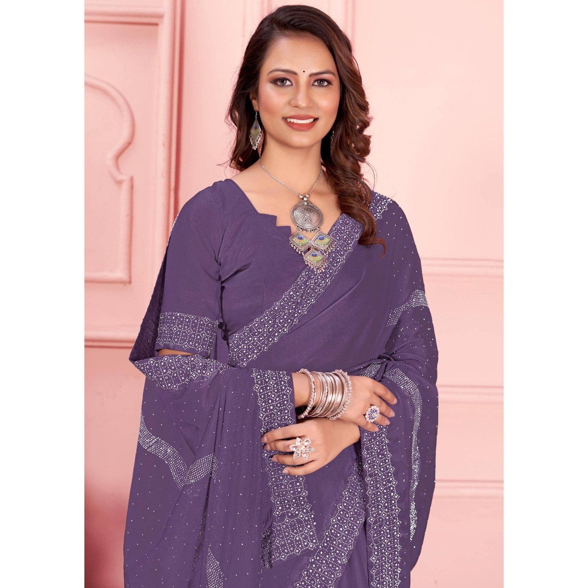 Light Purple Swarovski Work Satin Saree