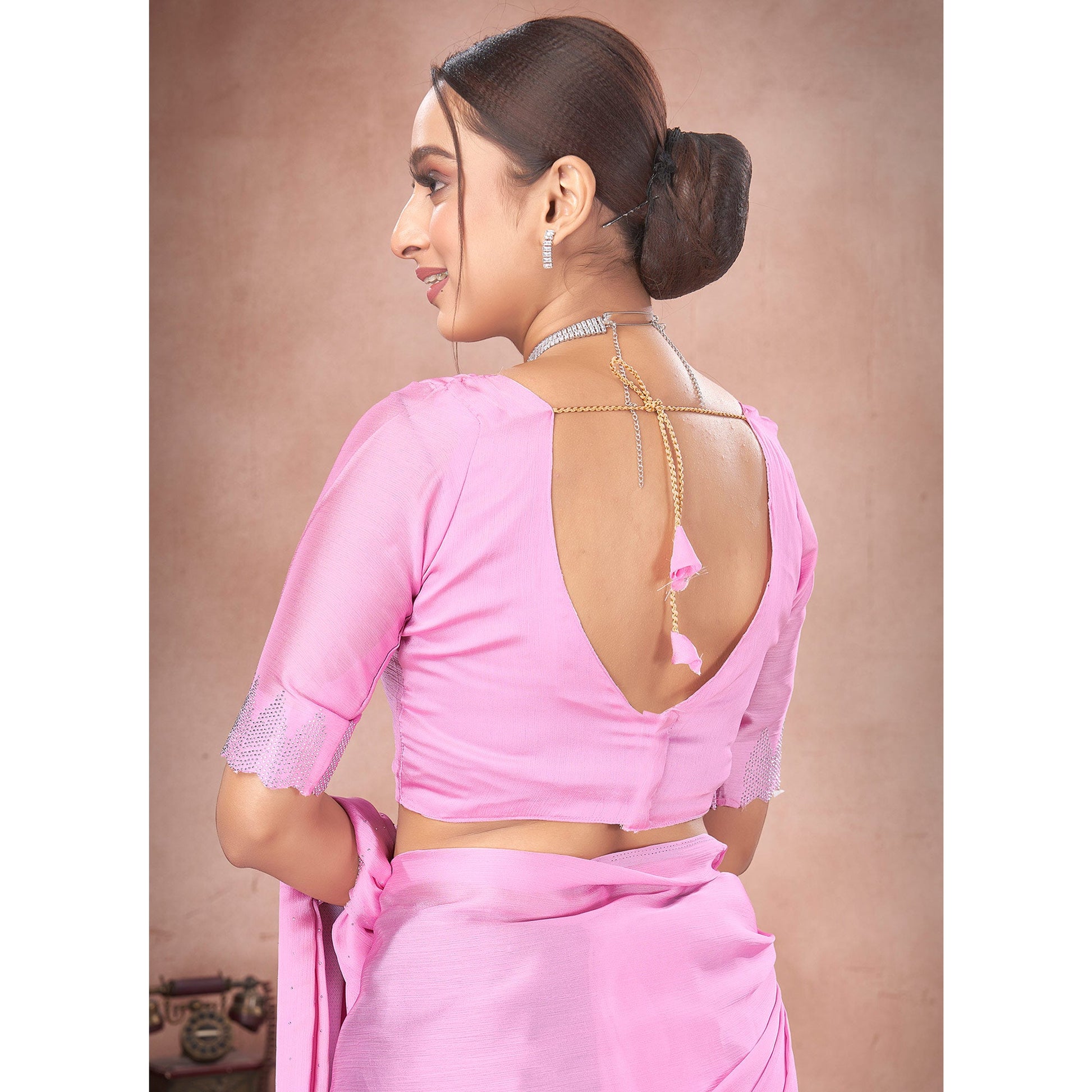 Light Pink Swarovski Work Satin Saree