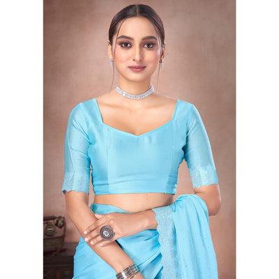Blue Swarovski Work Satin Saree