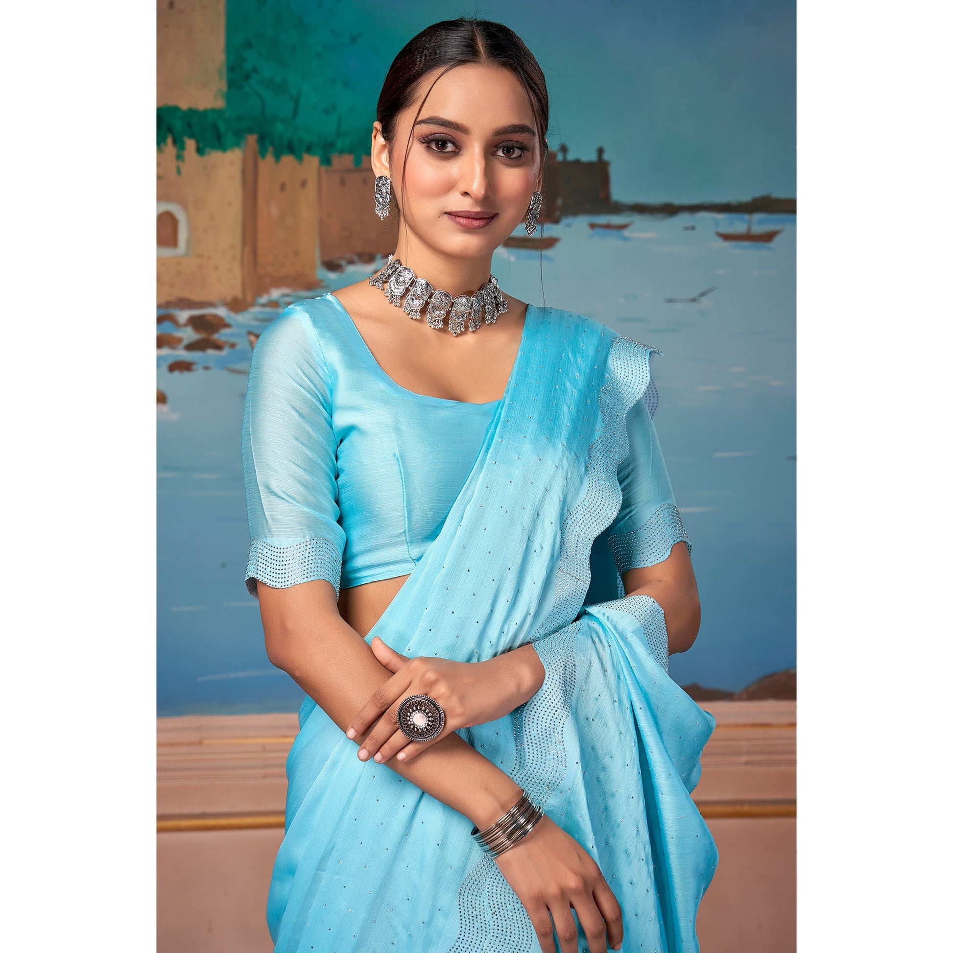 Light Blue Swarovski Work Satin Saree