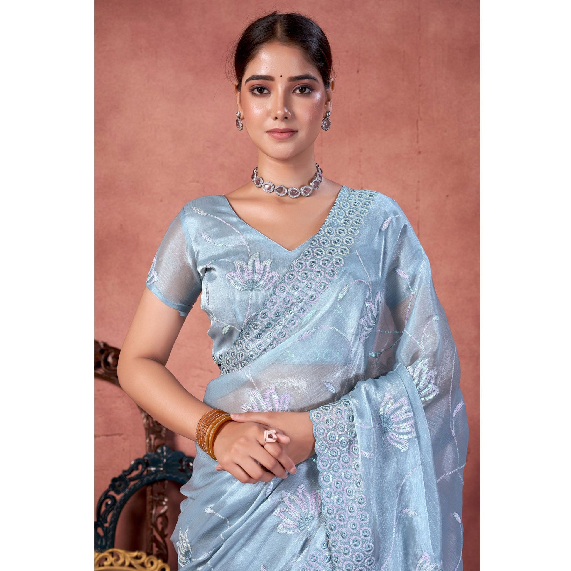Greyish Blue Floral Sequins Embroidered chiffon Saree