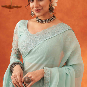 Mint Green Embroidered Crunchy Soft Net Saree With Embellished Border