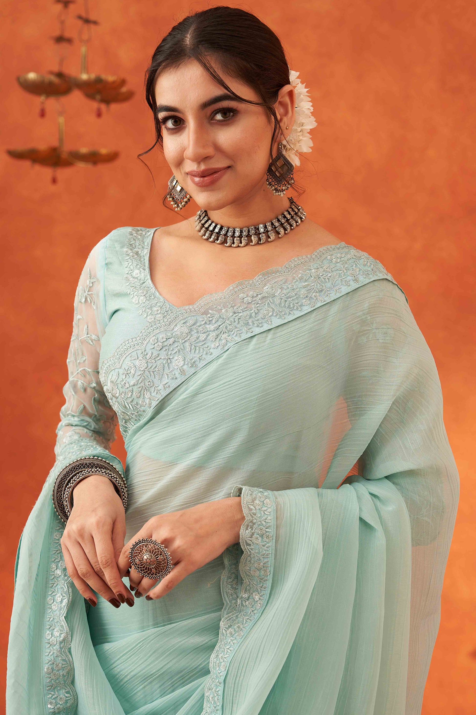 Mint Green Embroidered Crunchy Soft Net Saree With Embellished Border
