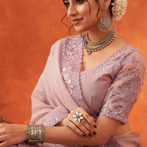 Lavender Embroidered Crunchy Soft Net Saree With Embellished Border