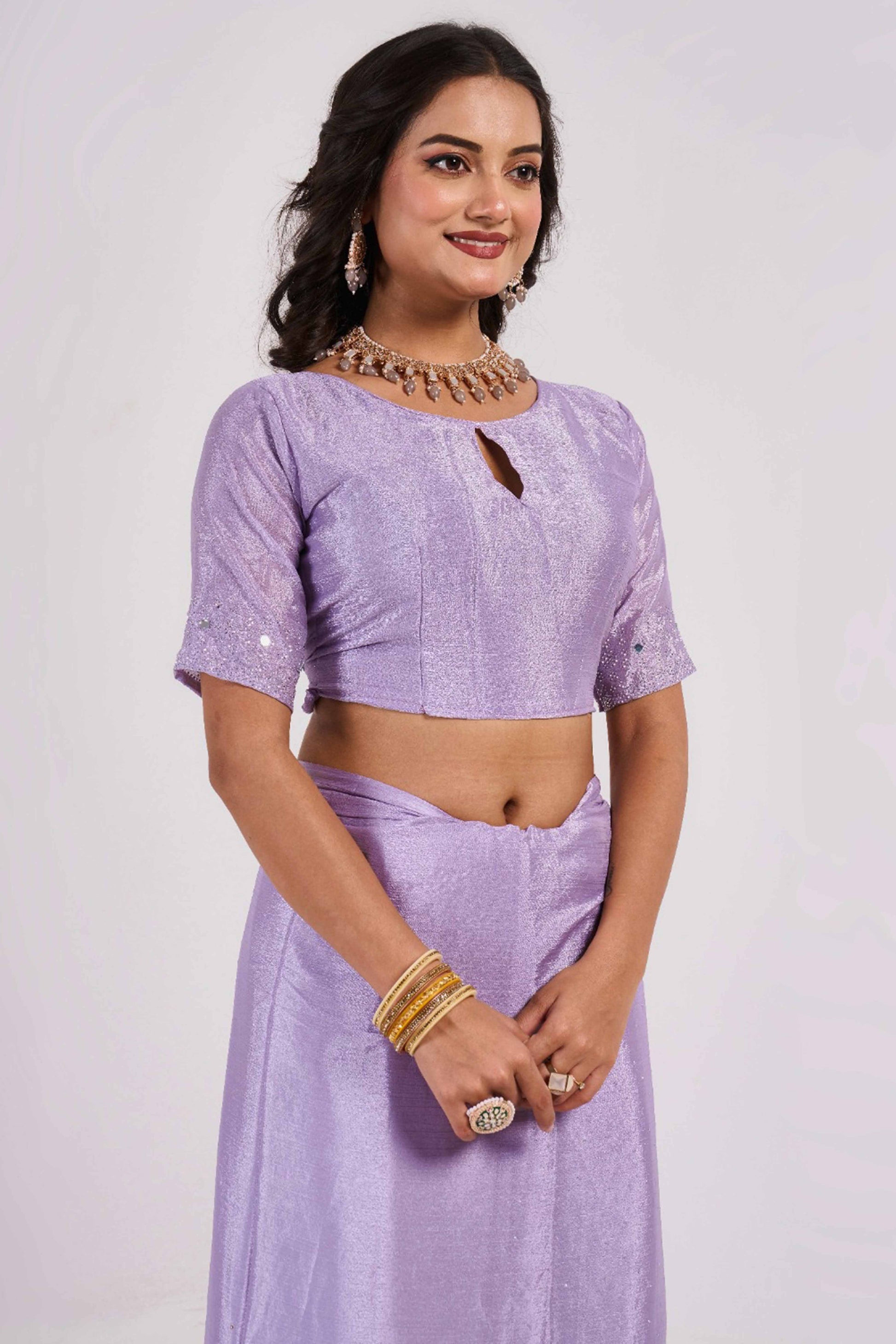 Lavender Swarovski With Mirror Work Chinon Saree