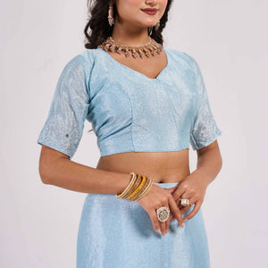 Blue Swarovski With Mirror Work Chinon Saree