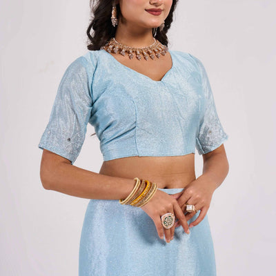 Blue Swarovski With Mirror Work Chinon Saree