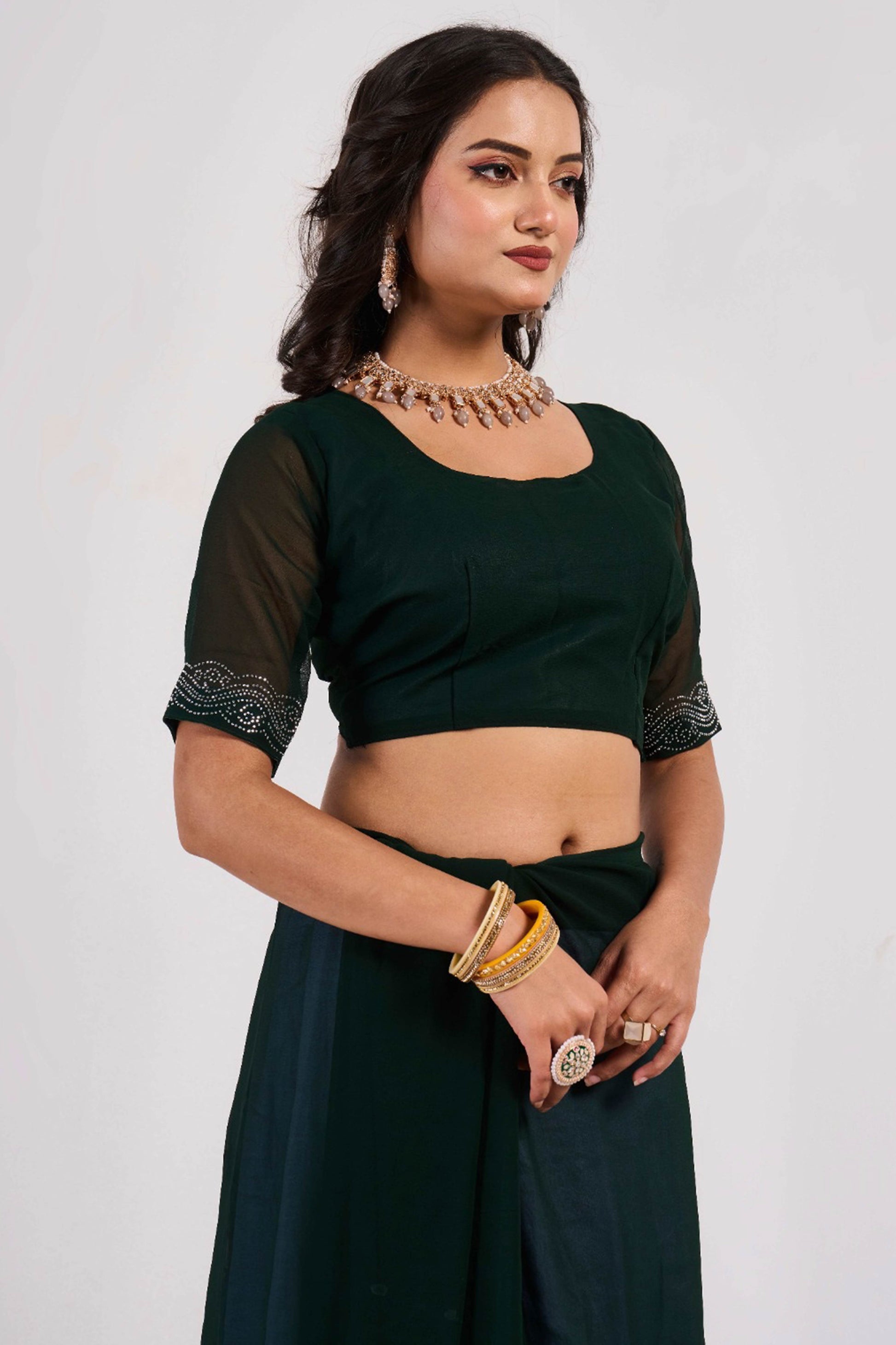 Dark Green Swarovski Work Georgette Saree