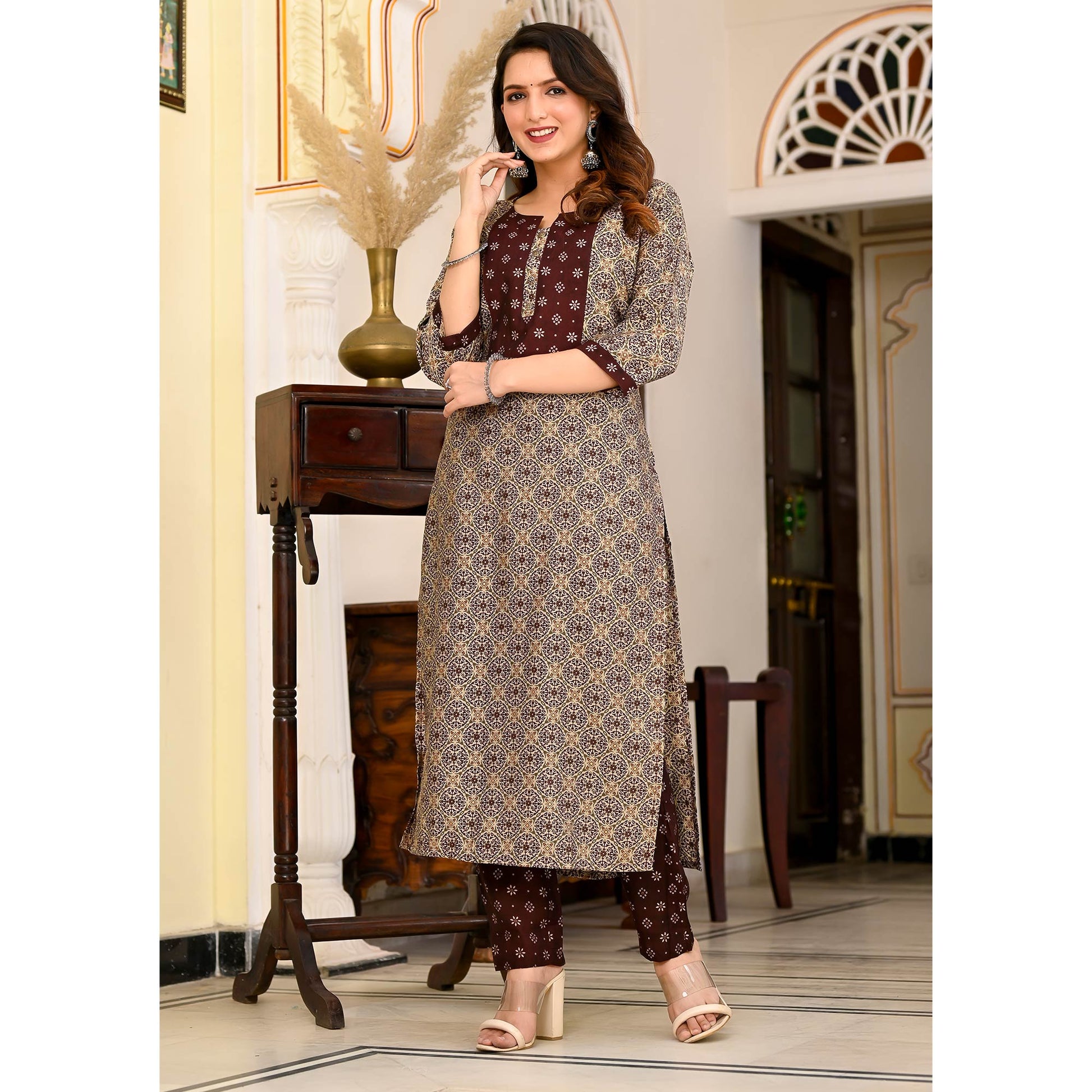 Brown Printed Chanderi Suit