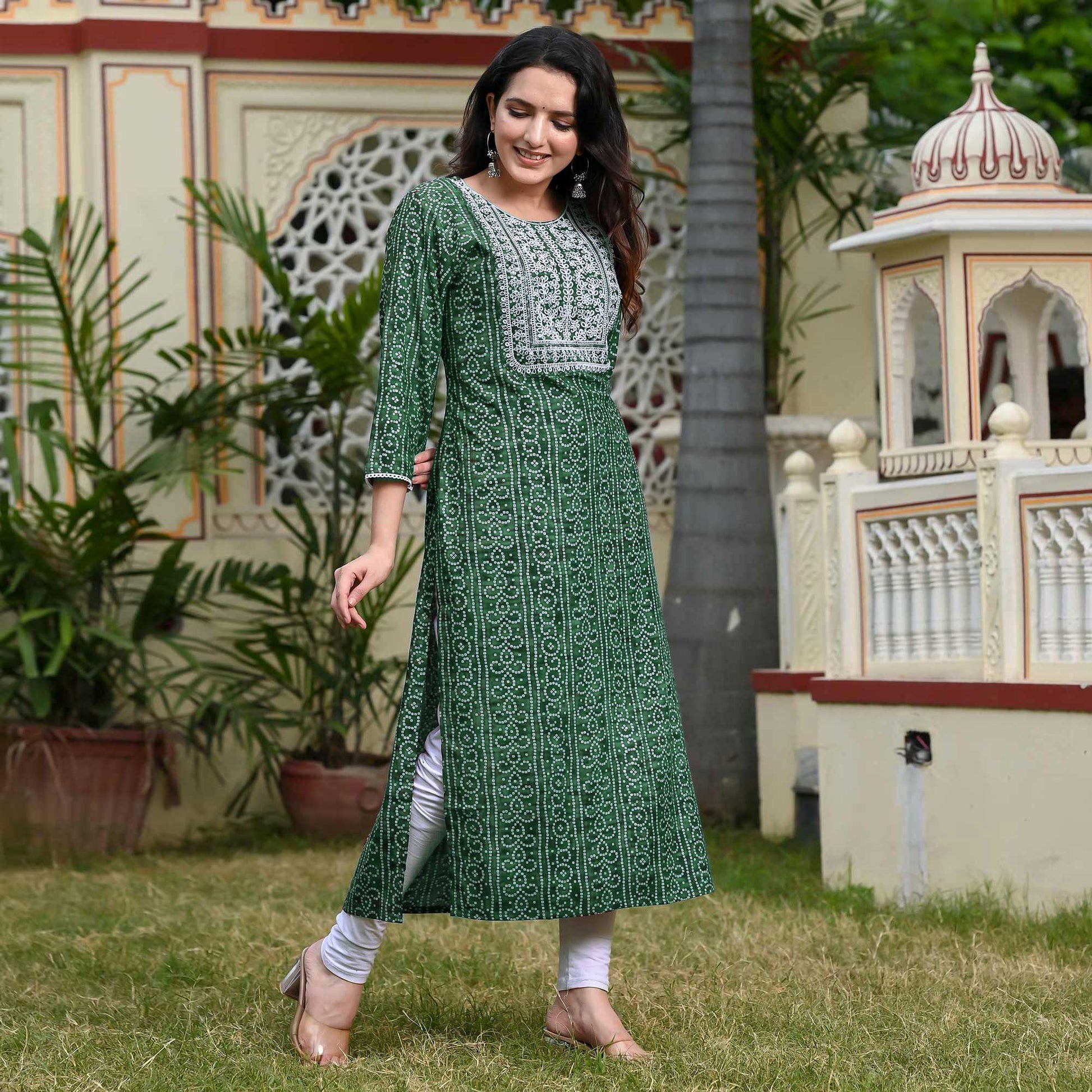 green-foil-bandhani-printed-with-embroidered-rayon-kurti