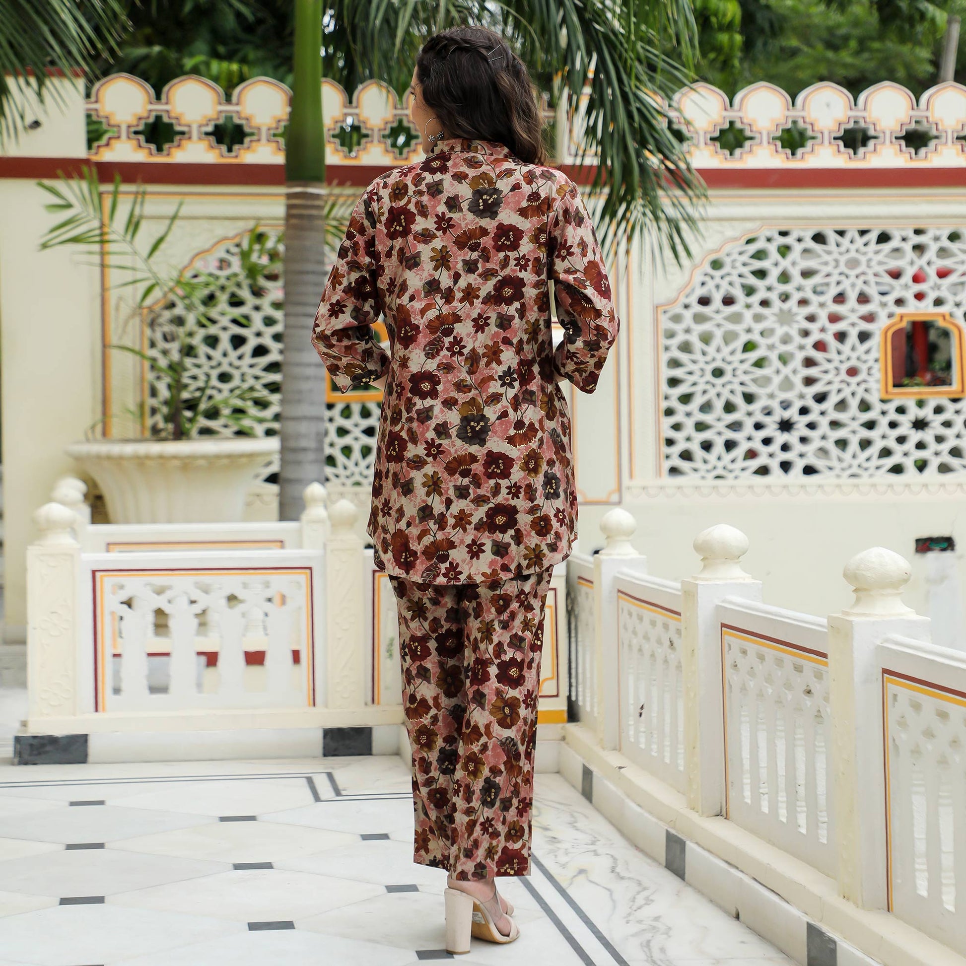 Maroon Floral Foil Printed Chanderi Co Ord Set