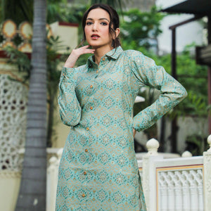 green-foil-printed-chanderi-kurti-pant-set