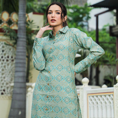 green-foil-printed-chanderi-kurti-pant-set
