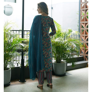 Blue Straight Chanderi Silk Suit With Handcrafted & Foil Print