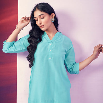 Blue Solid Cotton Blend Top
