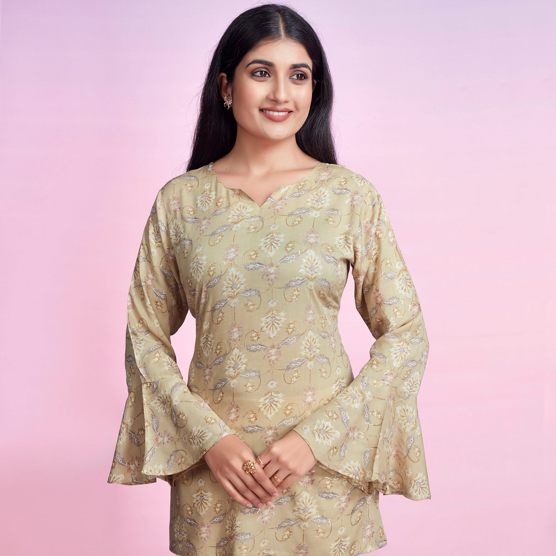 Chikoo Floral Foil Printed Chanderi Silk Top