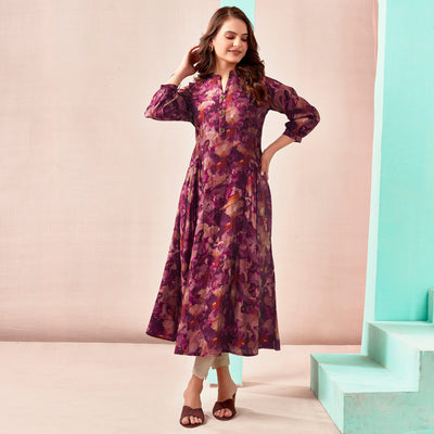Maroon A-Line Printed Chanderi Silk Dress
